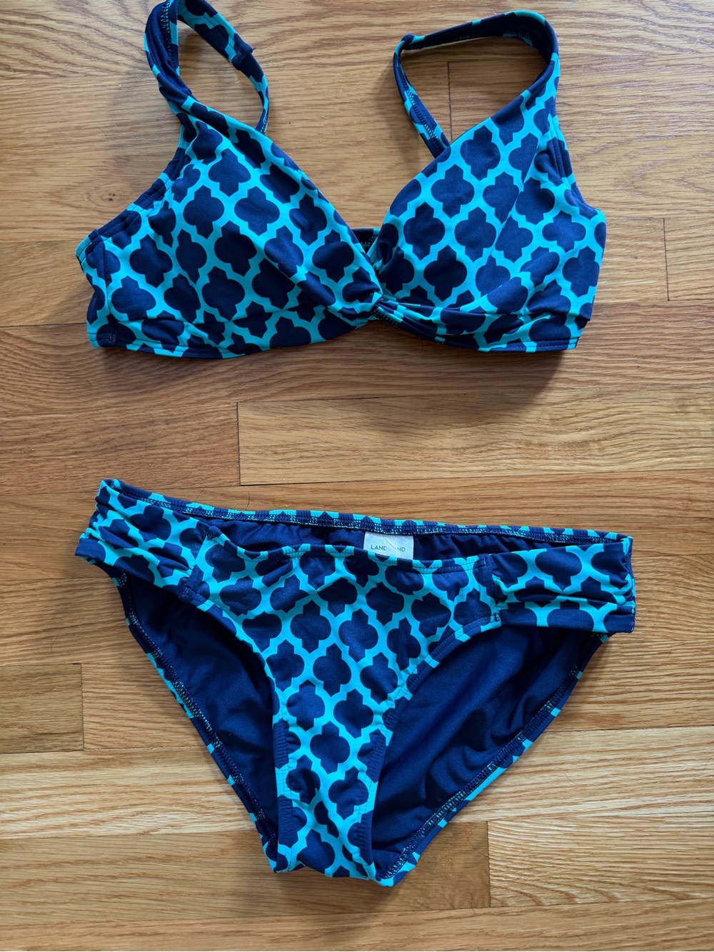 Lands' End Turquoise and Navy Geometric Women’s Two-Piece Bikini